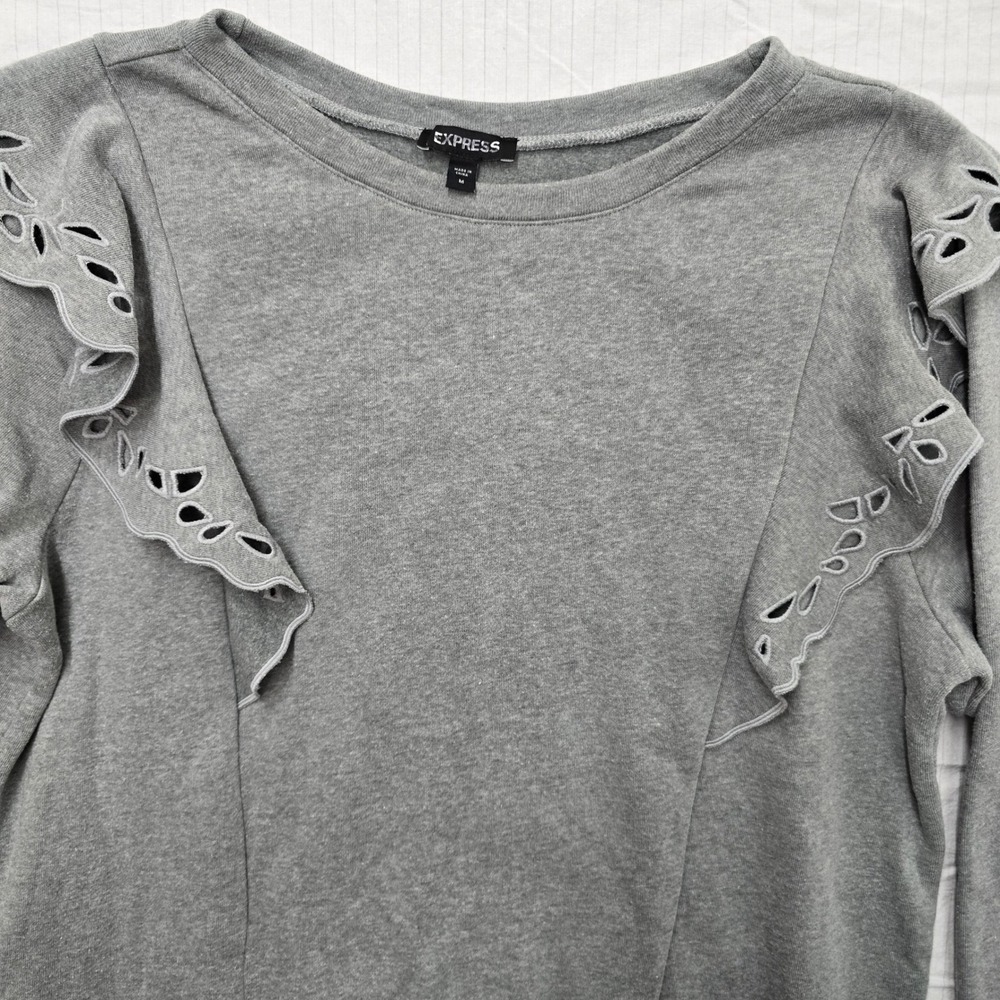 Express Gray Ruffle Eyelet Shoulder Sweatshirt Dress Medium Long Sleeve Crewneck